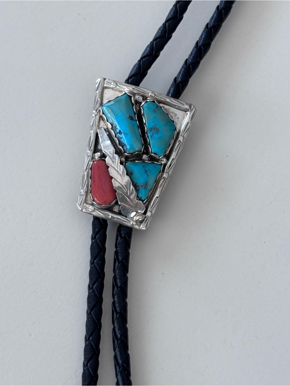 Sterling Silver Turquoise and Red Stone Bolo Tie Pendant Necklace - Picture 3 of 4